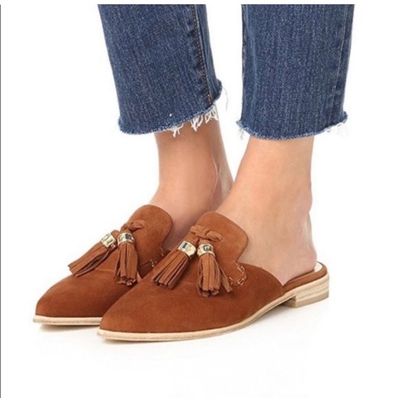 NEW Stuart Weitzman taupe cognac suede tassel mules loafers flats skimmers shoes